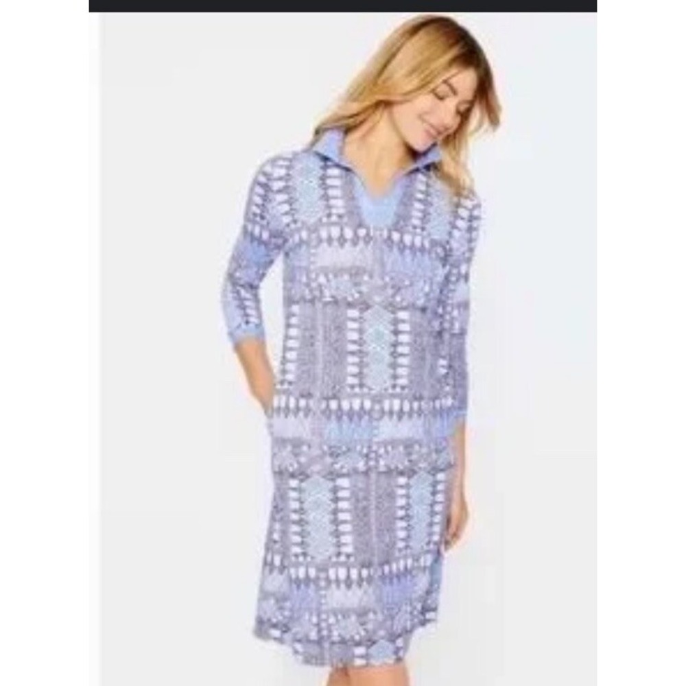 J. MCLAUGHLIN Blue Tribal Geometric Aubina Smooth Stretch Shirt Dress Pockets L